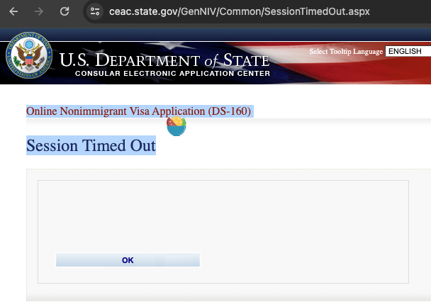 Online Nonimmigrant Visa Application (DS-160) Session Timed Out.png